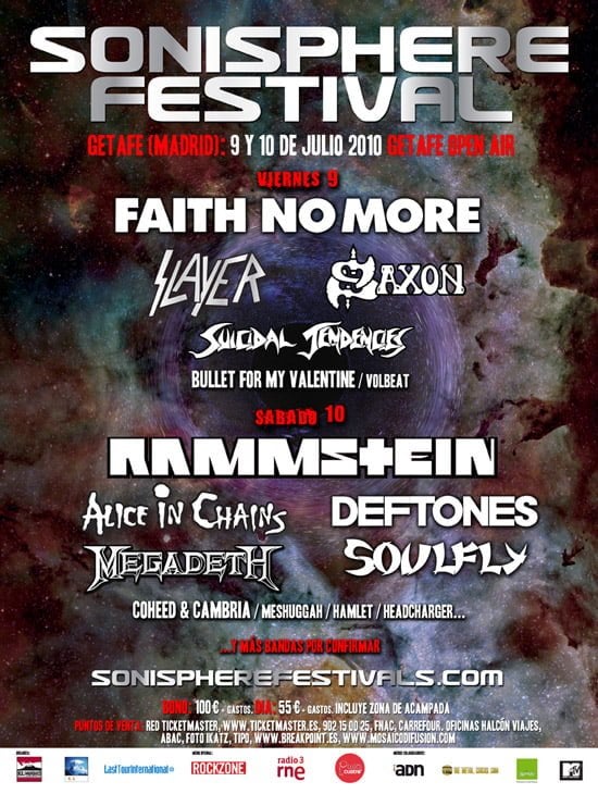 SONISPHERE 2010: DISTRIBUCIÓN DEL CARTEL POR DÍAS Y ENTRADAS DE DÍA A LA VENTA