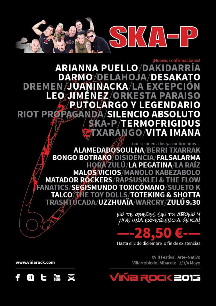 VIÑA ROCK 2013: SEGUNDA TANDA DE CONFIRMACIONES. SKA-P OFRECERÁ EN EL FESTIVAL SU PRIMERA ACTUACIÓN DEL PRÓXIMO AÑO.