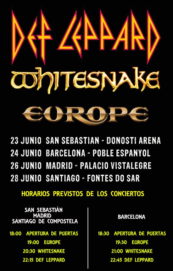 YA TENEMOS LOS HORARIOS PARA EL CONCIERTO DE DEF LEPPARD, WHITESNAKE Y EUROPE