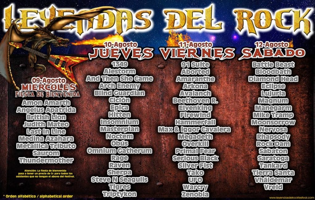 Distribución de bandas por días del Leyendas del Rock 2017