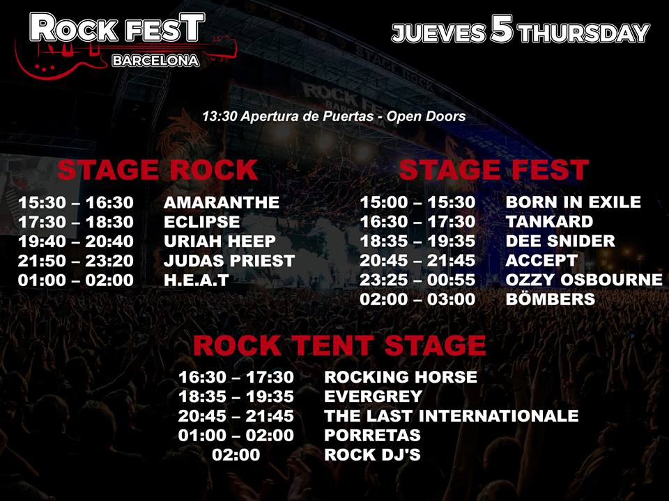 horarios jueves 5 julio Rock Fest Barcelona