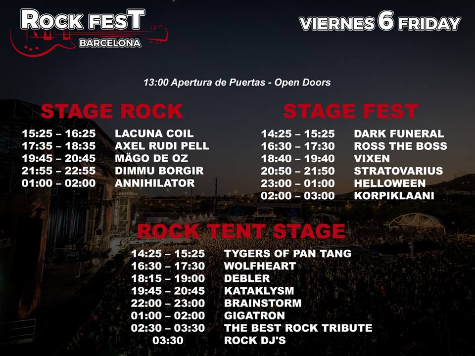 horarios viernes 6 julio Rock Fest Barcelona