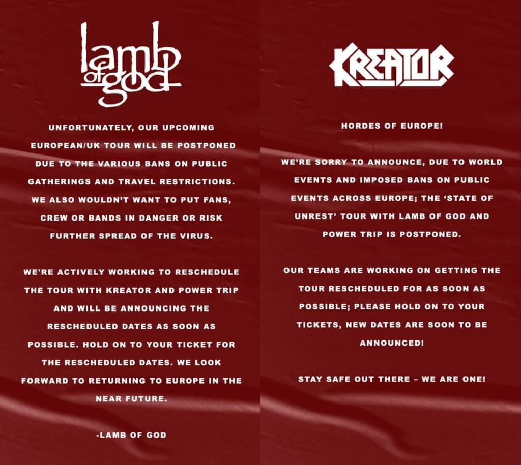 gira Lamb Of God Kreator aplazada coronavirus